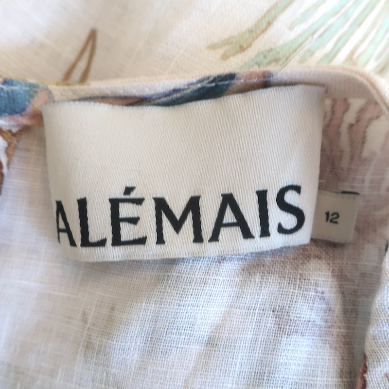 Alemais Wanda Puff Sleeve Midi Dress Cream Fish Print Flax Size 12