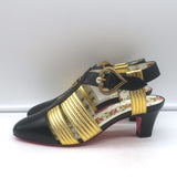 Gucci Gea T-strap pumps in black and gold leather with faux pearls, pre-owned authentic luxury
