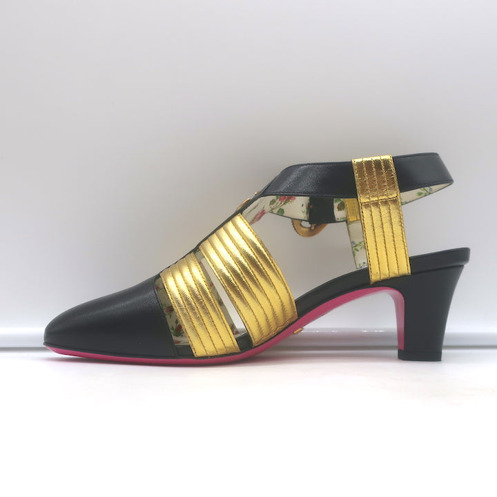 Gucci Gea faux-pearl T-strap pumps in black leather with gold accents, pre-owned (new with tags)