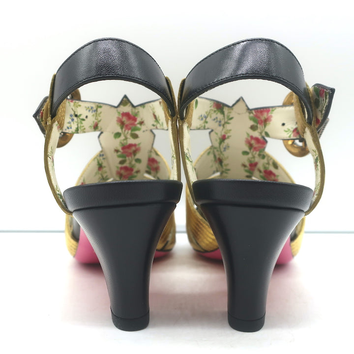 Gucci Gea faux pearl T-strap pumps in black leather with gold trim, authentic pre-owned luxury