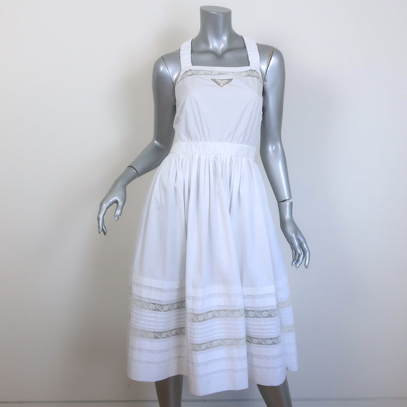 Prada Lace Intarsia Fit & Flare Dress White Cotton Poplin Size 38 Celebrity Owned Prada Lace Intarsia Fit & Flare Dress White Cotton Poplin Size 38 Celebrity Owned