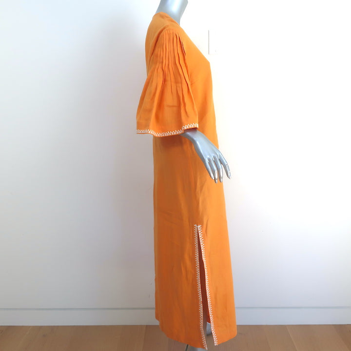 Zeus + Dione Kymi Bell Sleeve Midi Dress Marigold Embroidered Linen Size 40