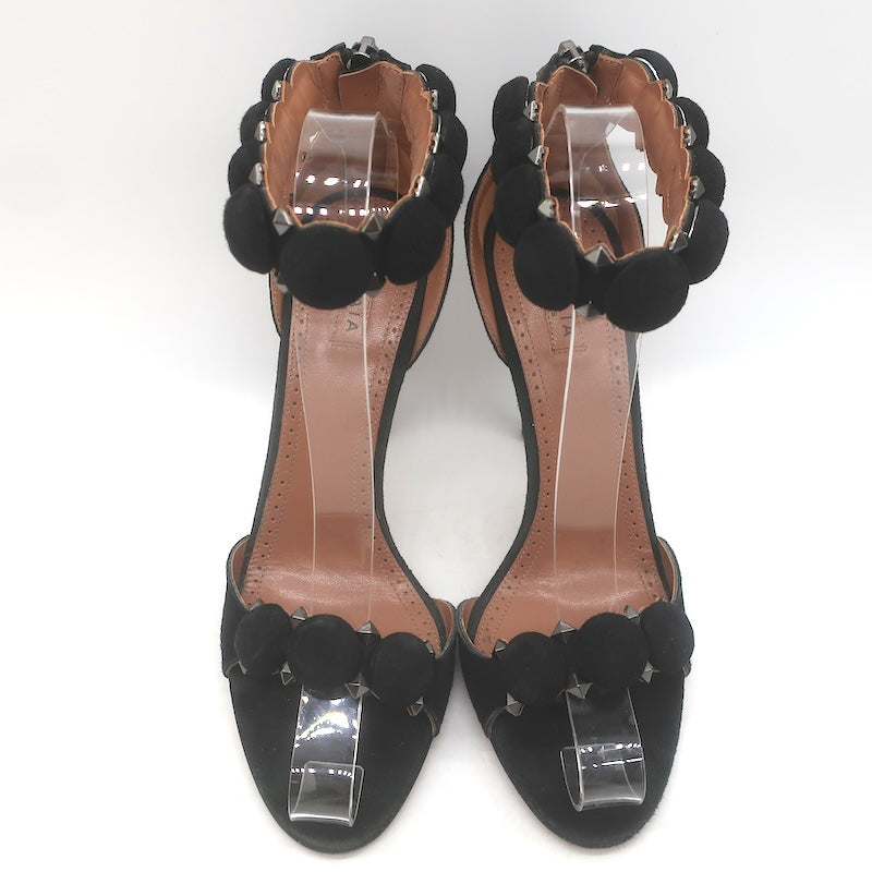 Alaia La Bombe 110 Studded Ankle Strap Sandals Black Suede Size 38