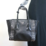 Prada Crystal Studded Twin Pocket Tote Black Leather Medium Crossbody