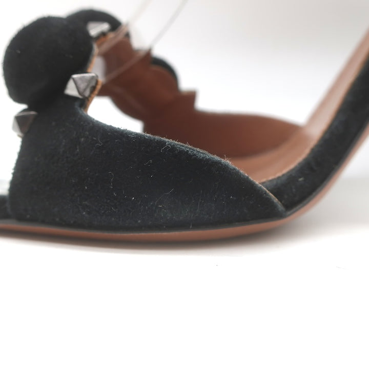 Alaia La Bombe 110 Studded Ankle Strap Sandals Black Suede Size 38
