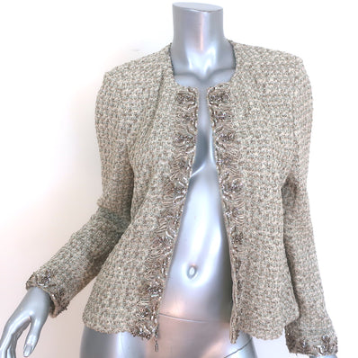 St. John Evening Beaded Metallic Tweed Zip-Front Jacket Taupe Size 8