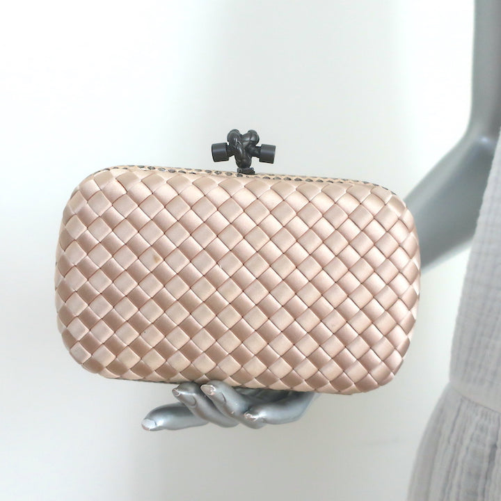 Bottega Veneta Chain Strap Large Knot Clutch Beige Snakeskin-Trim Intrecciato Satin