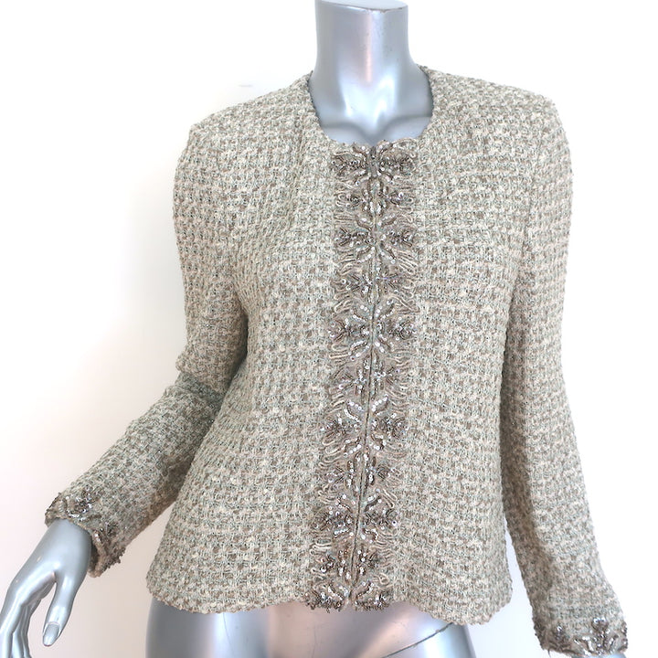 St. John Evening Beaded Metallic Tweed Zip-Front Jacket Taupe Size 8
