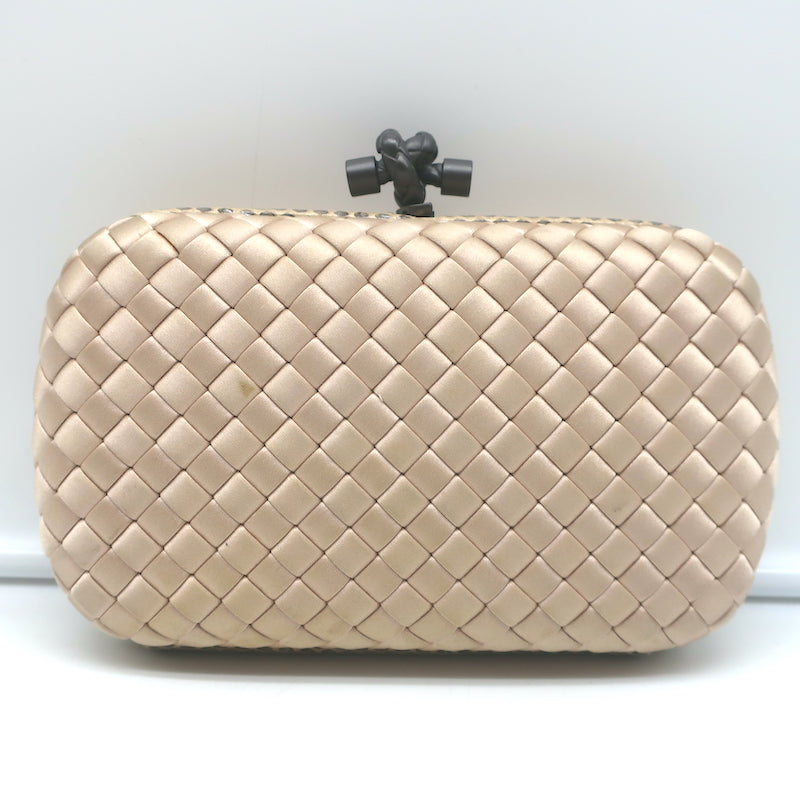 Bottega Veneta Chain Strap Large Knot Clutch Beige Snakeskin-Trim Intrecciato Satin