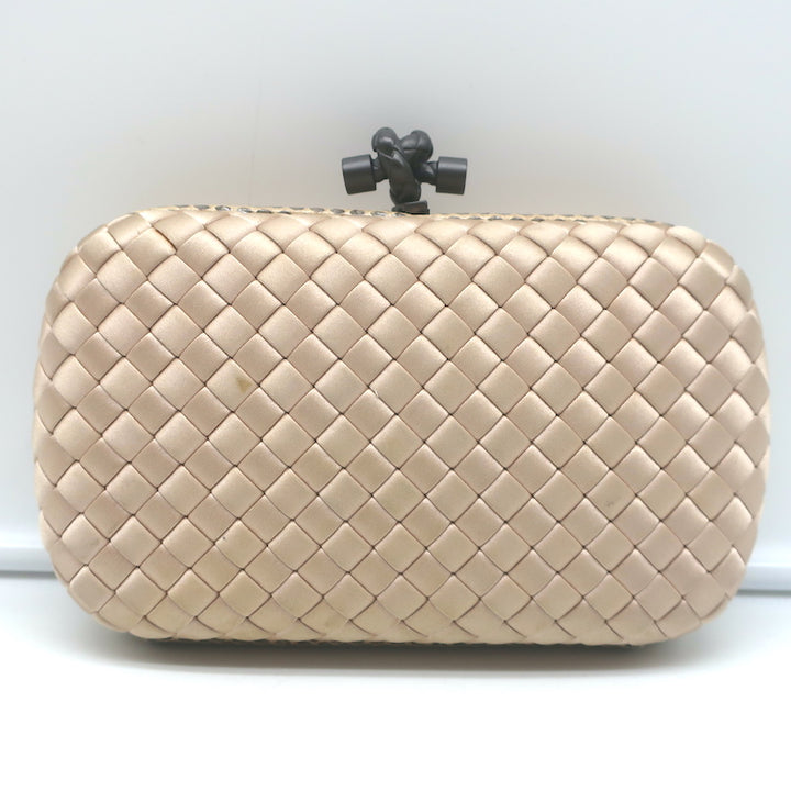 Bottega Veneta Chain Strap Large Knot Clutch Beige Snakeskin-Trim Intrecciato Satin
