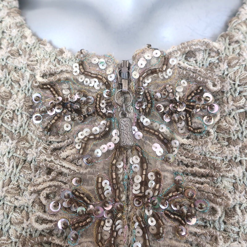 St. John Evening Beaded Metallic Tweed Zip-Front Jacket Taupe Size 8