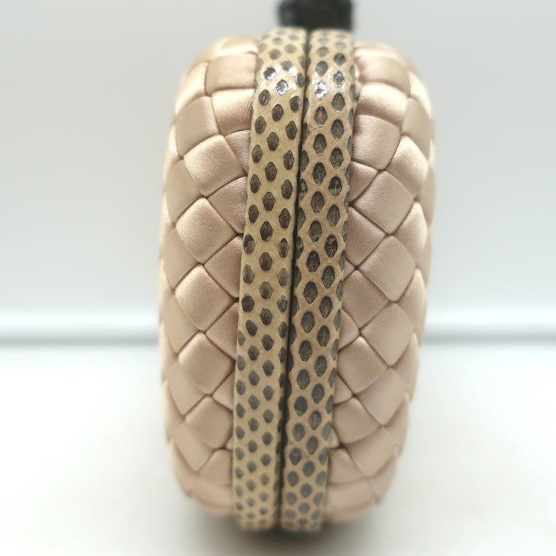 Bottega Veneta Chain Strap Large Knot Clutch Beige Snakeskin-Trim Intrecciato Satin