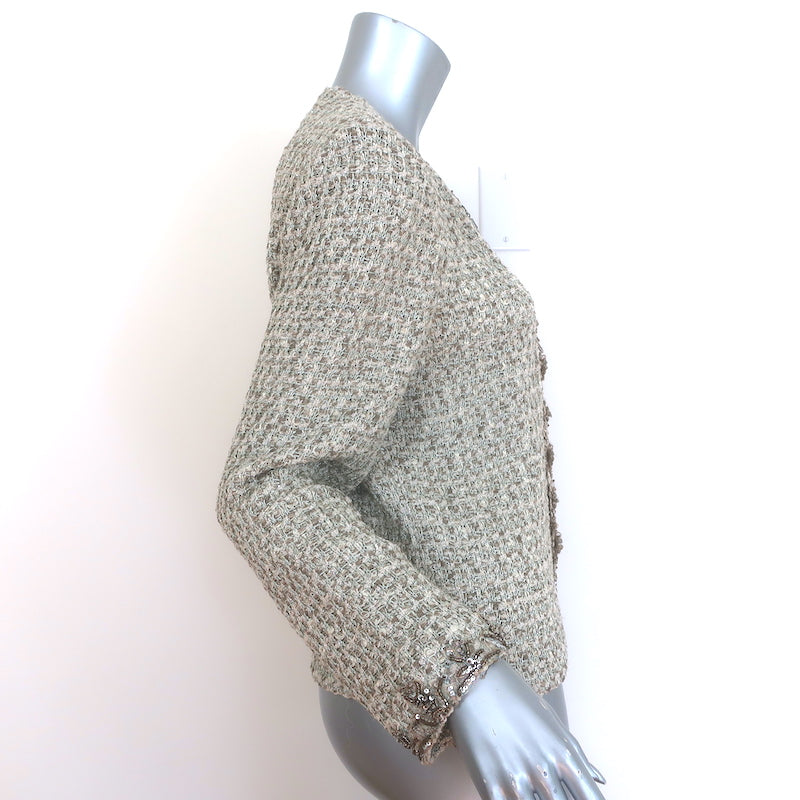 St. John Evening Beaded Metallic Tweed Zip-Front Jacket Taupe Size 8