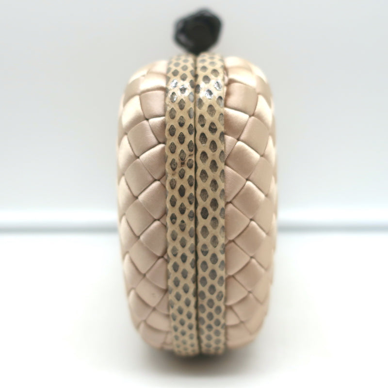 Bottega Veneta Chain Strap Large Knot Clutch Beige Snakeskin-Trim Intrecciato Satin