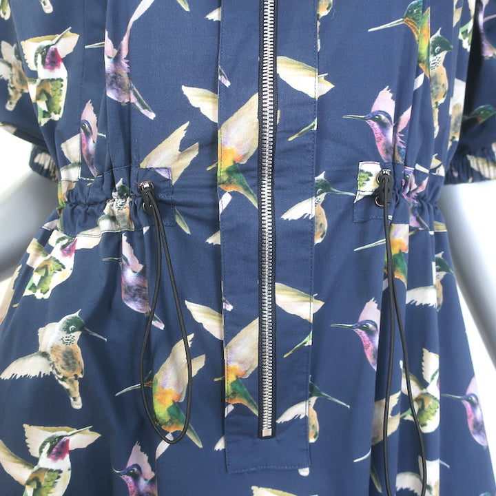 G. Label by goop Wilt Zip-Front Midi Dress Navy Hummingbird Print Cotton Size 6