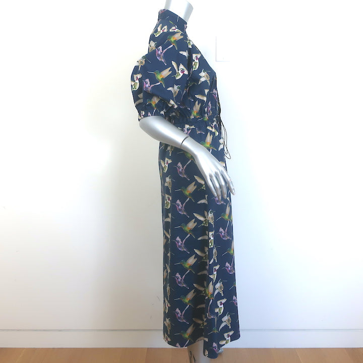 G. Label by goop Wilt Zip-Front Midi Dress Navy Hummingbird Print Cotton Size 6