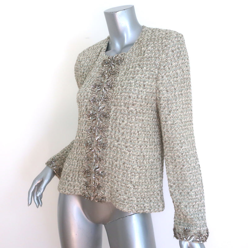 St. John Evening Beaded Metallic Tweed Zip-Front Jacket Taupe Size 8
