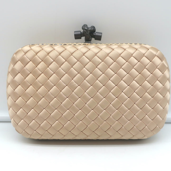 Bottega Veneta Chain Strap Large Knot Clutch Beige Snakeskin-Trim Intrecciato Satin