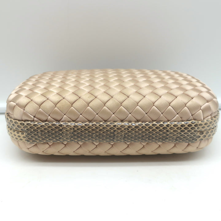 Bottega Veneta Chain Strap Large Knot Clutch Beige Snakeskin-Trim Intrecciato Satin