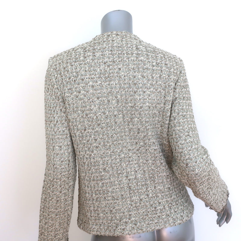 St. John Evening Beaded Metallic Tweed Zip-Front Jacket Taupe Size 8