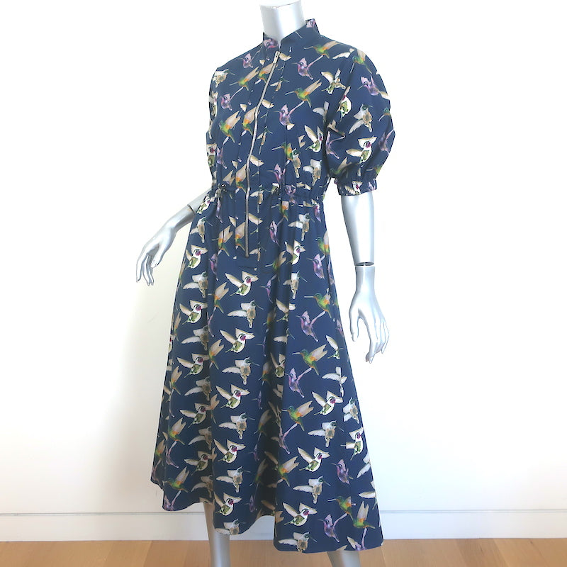 G. Label by goop Wilt Zip-Front Midi Dress Navy Hummingbird Print Cotton Size 6