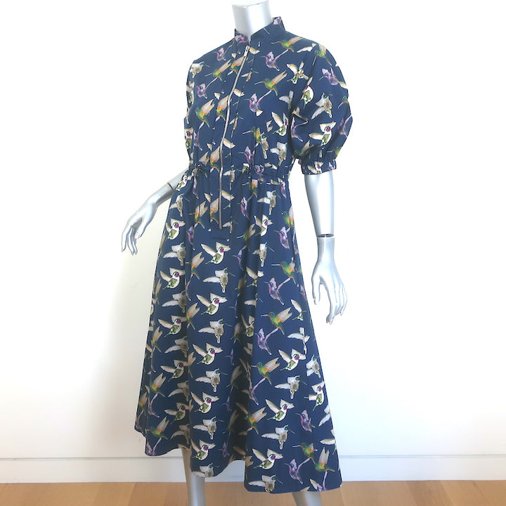 G. Label by goop Wilt Zip-Front Midi Dress Navy Hummingbird Print Cotton Size 6