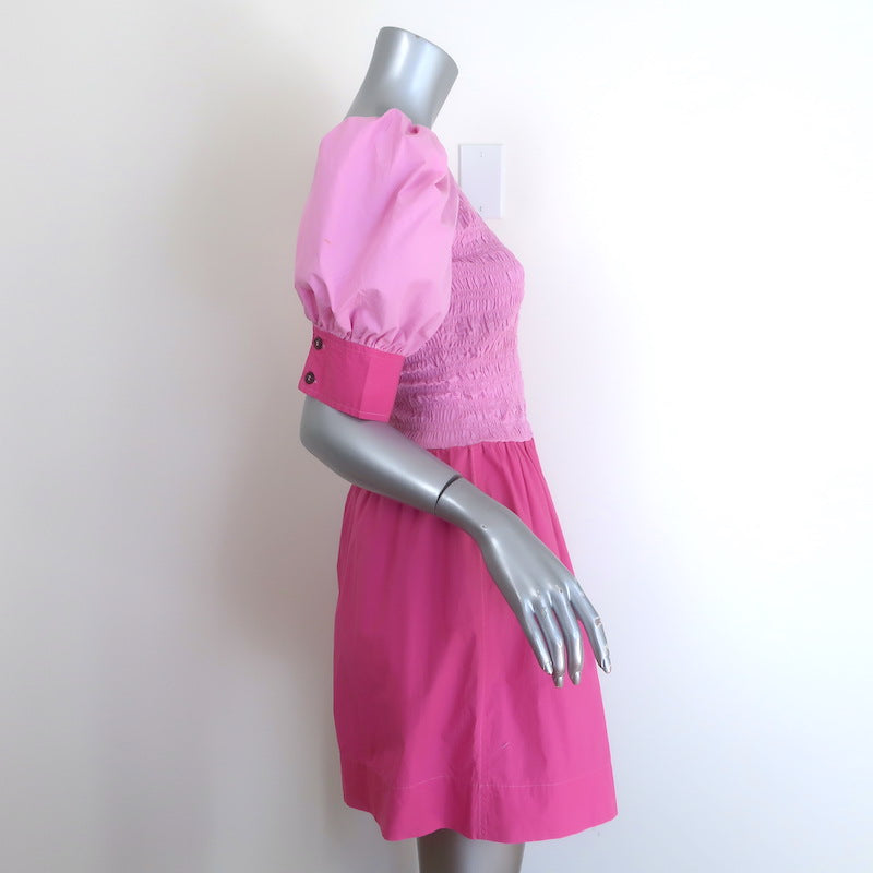GANNI Colorblock Puff Sleeve Mini Dress Pink Smocked Cotton Poplin Size 38