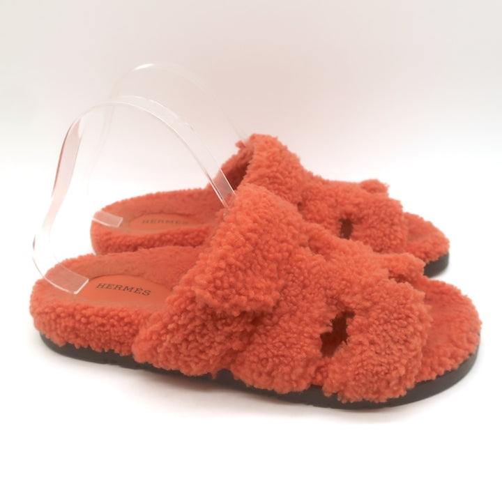 Hermes Chypre Shearling Slide Sandals Orange Size 39