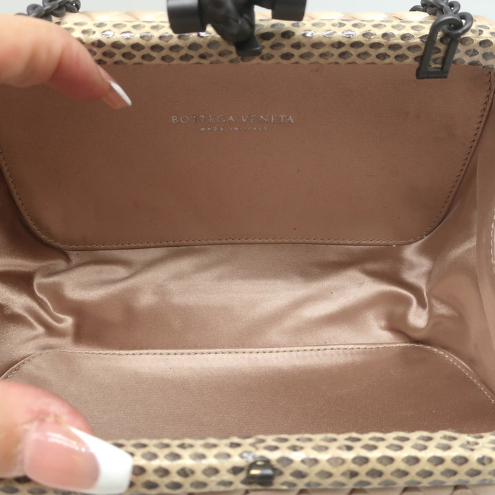 Bottega Veneta Chain Strap Large Knot Clutch Beige Snakeskin-Trim Intrecciato Satin