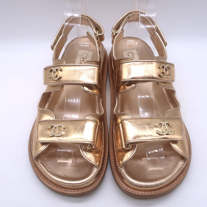 Chanel 22C Star-CC Metallic Leather Dad Sandals Rose Gold Size 37.5 C
