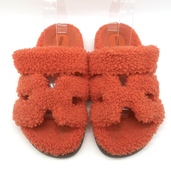 Hermes Chypre Shearling Slide Sandals Orange Size 39
