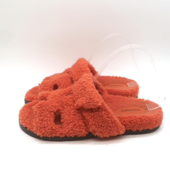 Hermes Chypre Shearling Slide Sandals Orange Size 39