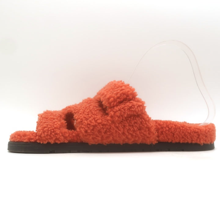 Hermes Chypre Shearling Slide Sandals Orange Size 39