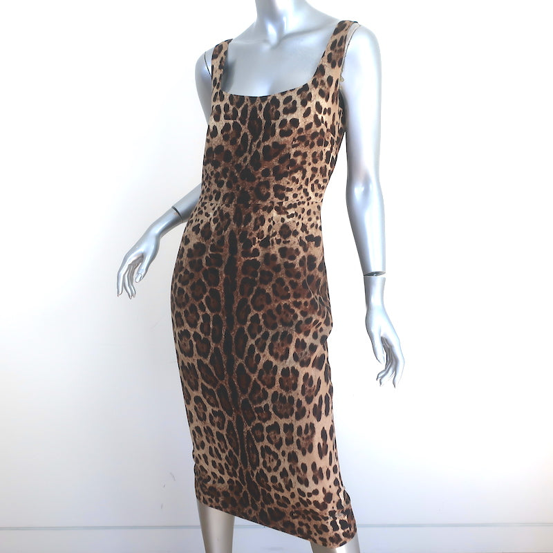 Dolce &amp; Gabbana Leopard Print Sleeveless Midi Dress Brown Silk Size 42