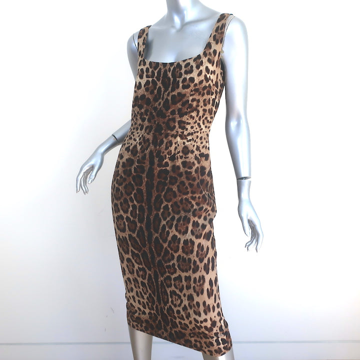 Dolce &amp; Gabbana Leopard Print Sleeveless Midi Dress Brown Silk Size 42