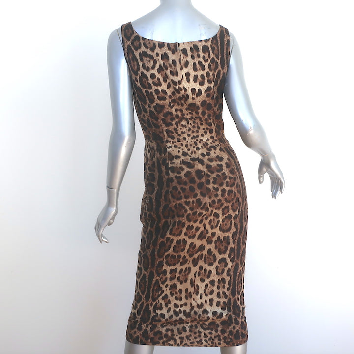 Dolce &amp; Gabbana Leopard Print Sleeveless Midi Dress Brown Silk Size 42