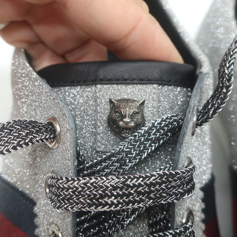 Gucci Bambi Web Studded Glitter Sneakers Silver Size 8 NEW