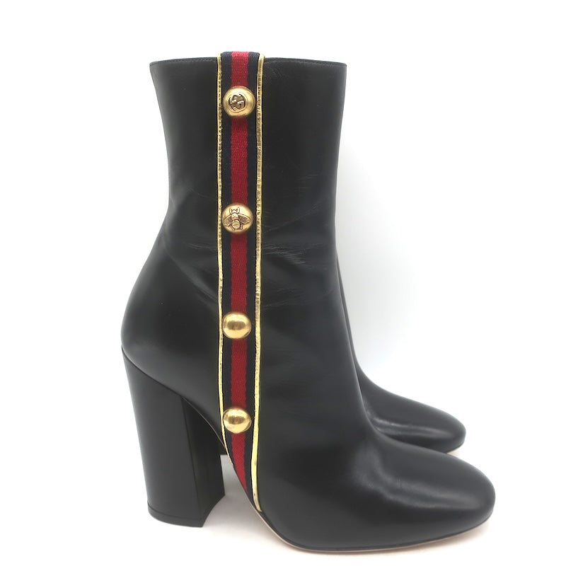 Gucci Carly Globe Buttoned Web Trim Mid-Calf Boots Black Leather Size 38