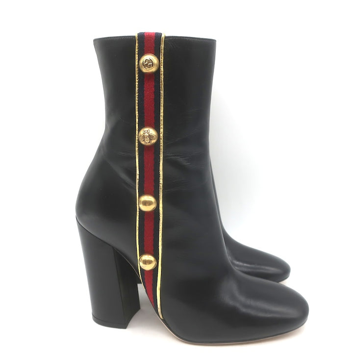 Gucci Carly Globe Buttoned Web Trim Mid-Calf Boots Black Leather Size 38