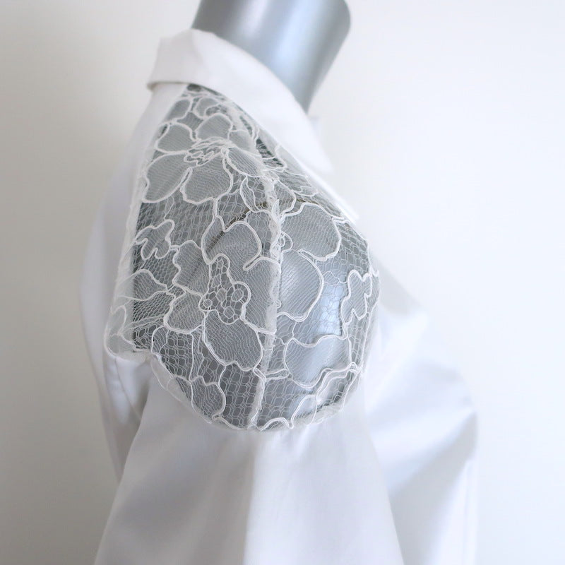 Prabal Gurung Lace-Shoulder Flared Shirt Dress White Cotton Size 8