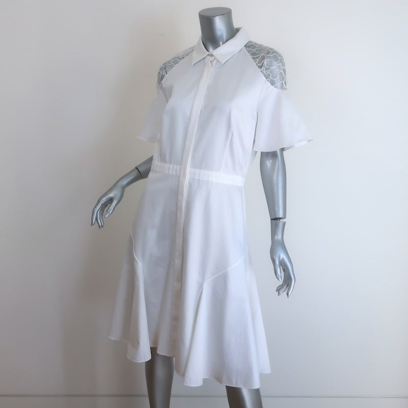 Prabal Gurung Lace-Shoulder Flared Shirt Dress White Cotton Size 8