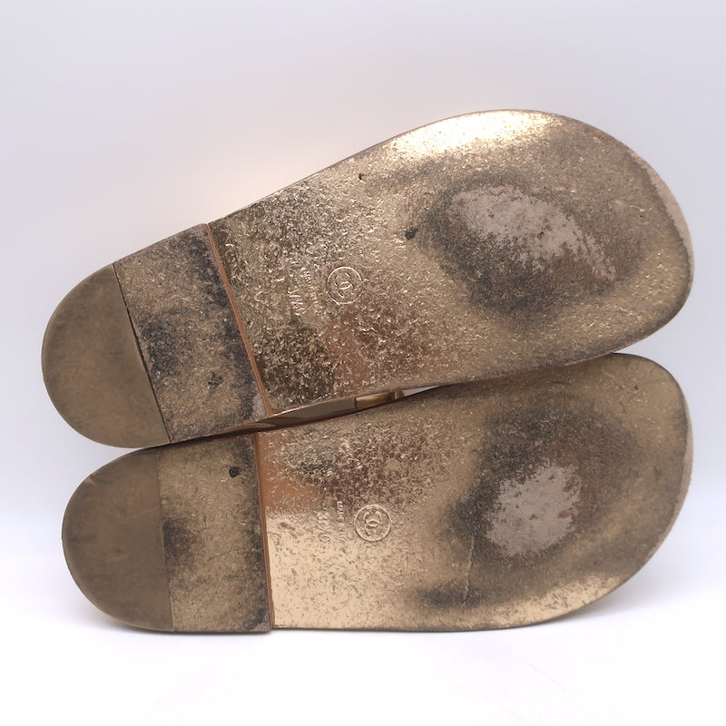 Chanel 22C Star-CC Metallic Leather Dad Sandals Rose Gold Size 37.5 C