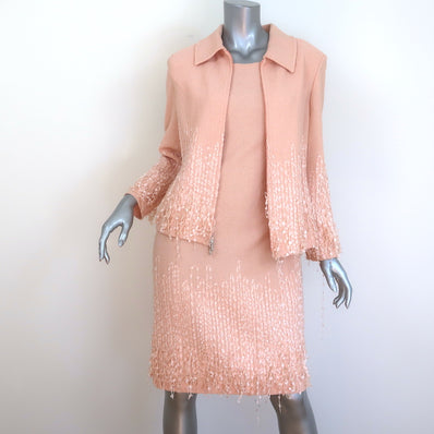 St. John Couture Fringe Embroidered Tweed Dress Suit Peach Pink Size 6