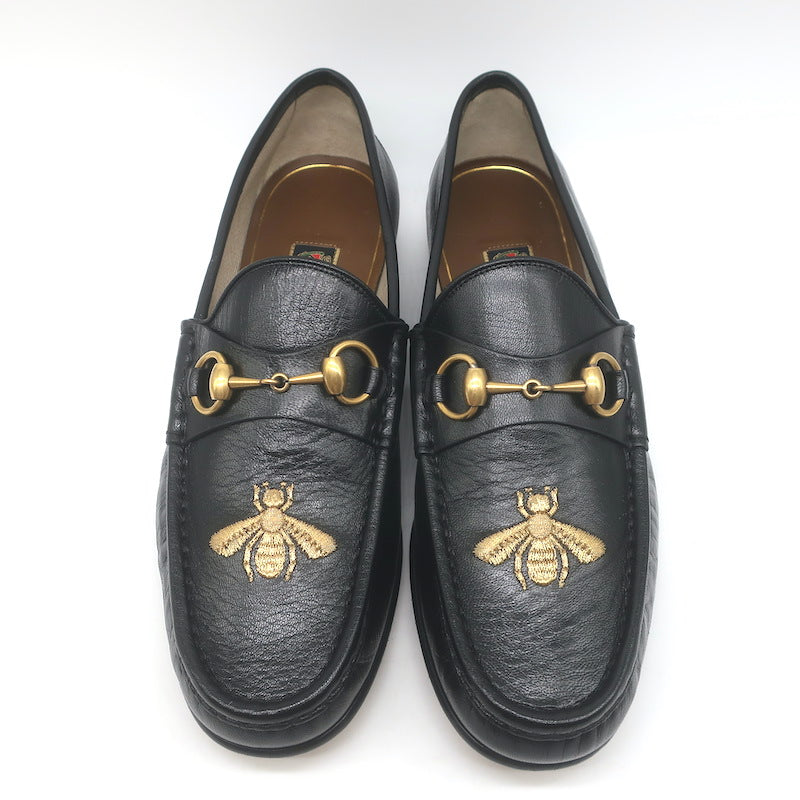 Gucci 1953 Roos Bee-Embroidered Horsebit Loafers Black Leather Size 7.5 NEW