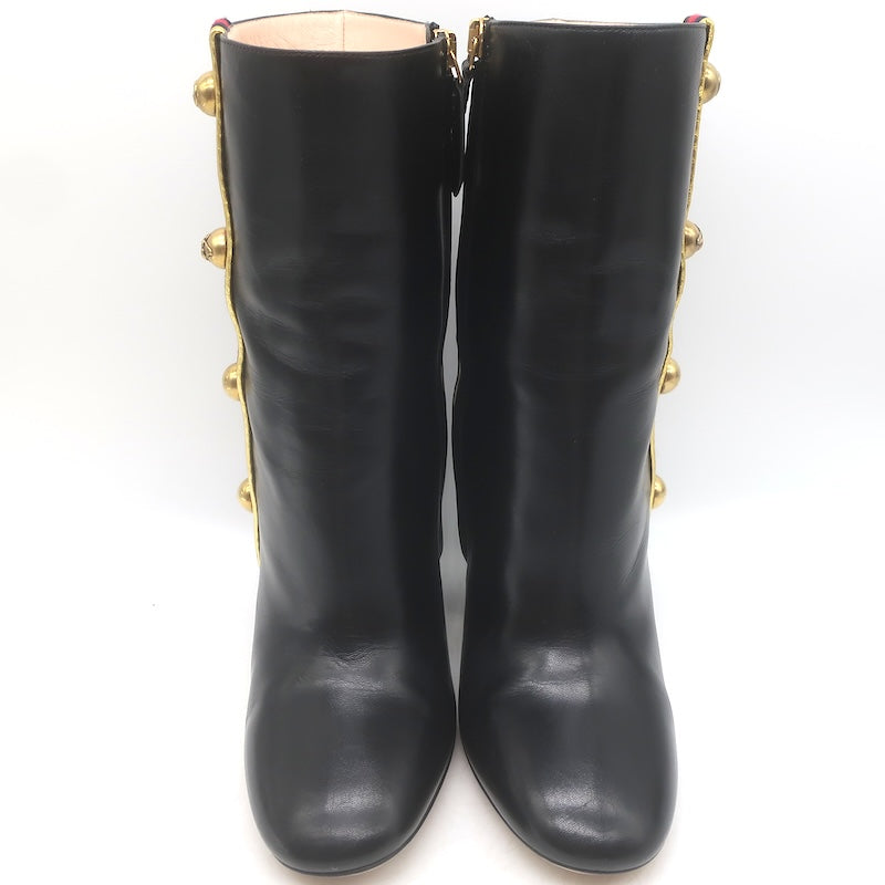 Gucci Carly Globe Buttoned Web Trim Mid-Calf Boots Black Leather Size 38