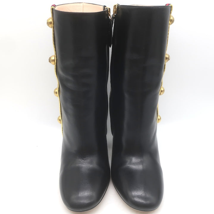 Gucci Carly Globe Buttoned Web Trim Mid-Calf Boots Black Leather Size 38