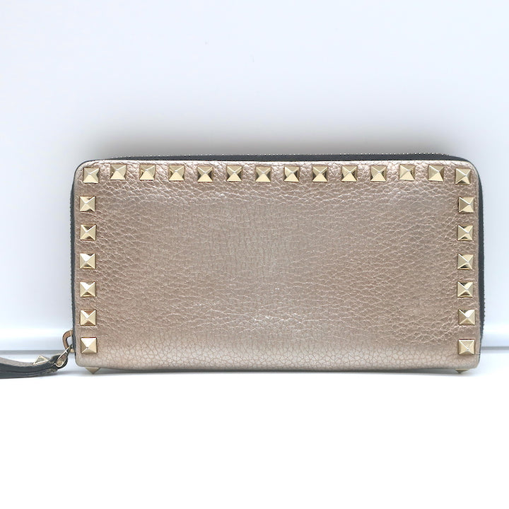 Valentino Rockstud Continental Wallet Gold Metallic Grained Leather