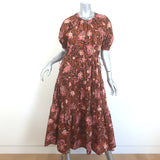 A.L.C. Mischa Puff Sleeve Tiered Midi Dress Brown Floral Print Cotton Size 8