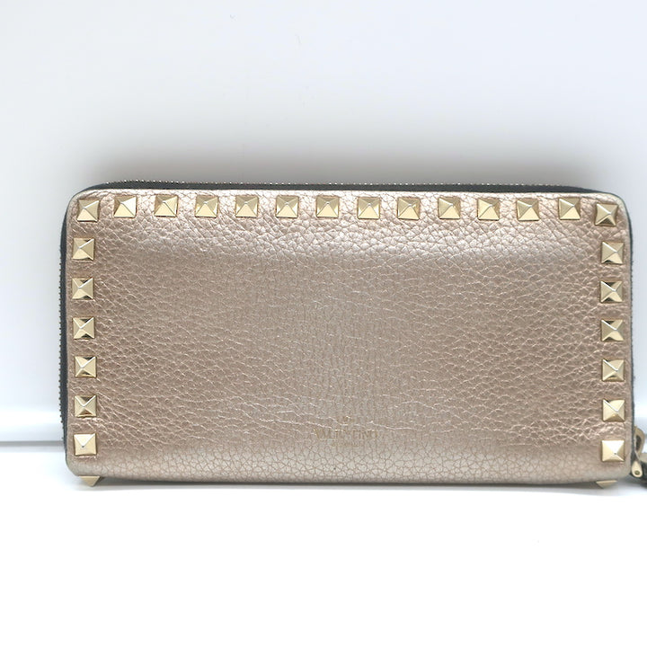 Valentino Rockstud Continental Wallet Gold Metallic Grained Leather