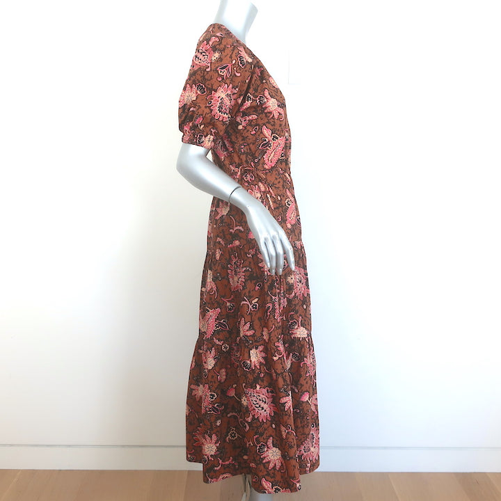 A.L.C. Mischa Puff Sleeve Tiered Midi Dress Brown Floral Print Cotton Size 8